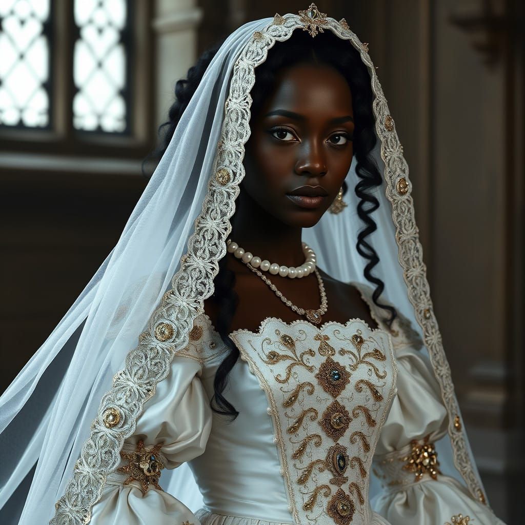 Black Queen in Elegant 17th Century Wedding Gown