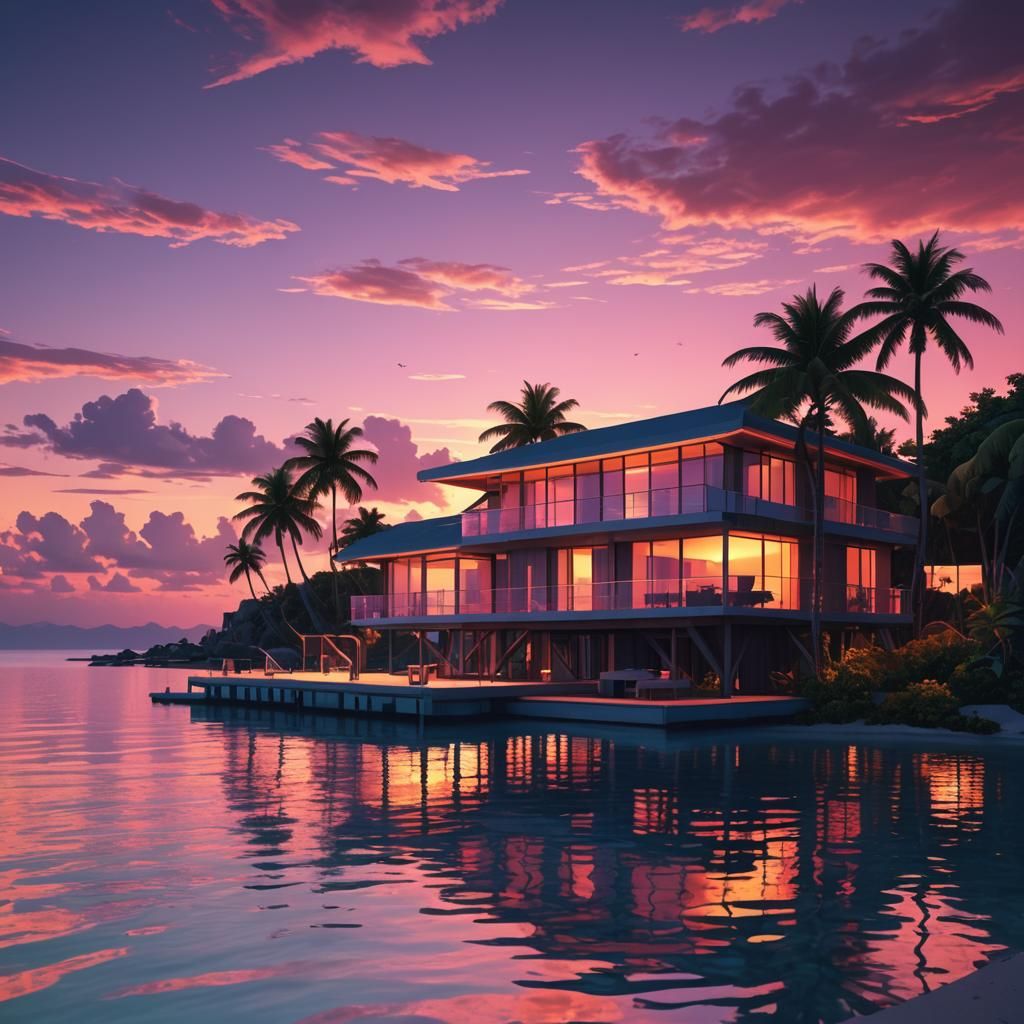Futuristic Over-Water Bungalow at Sunset in Synthwave Style
