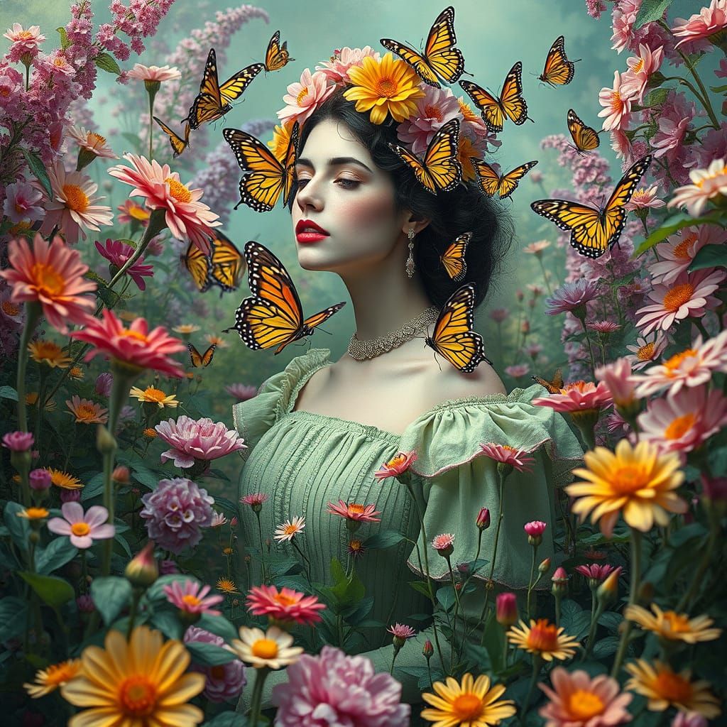 Woman in Magical Garden with Butterflies, Surreal Style