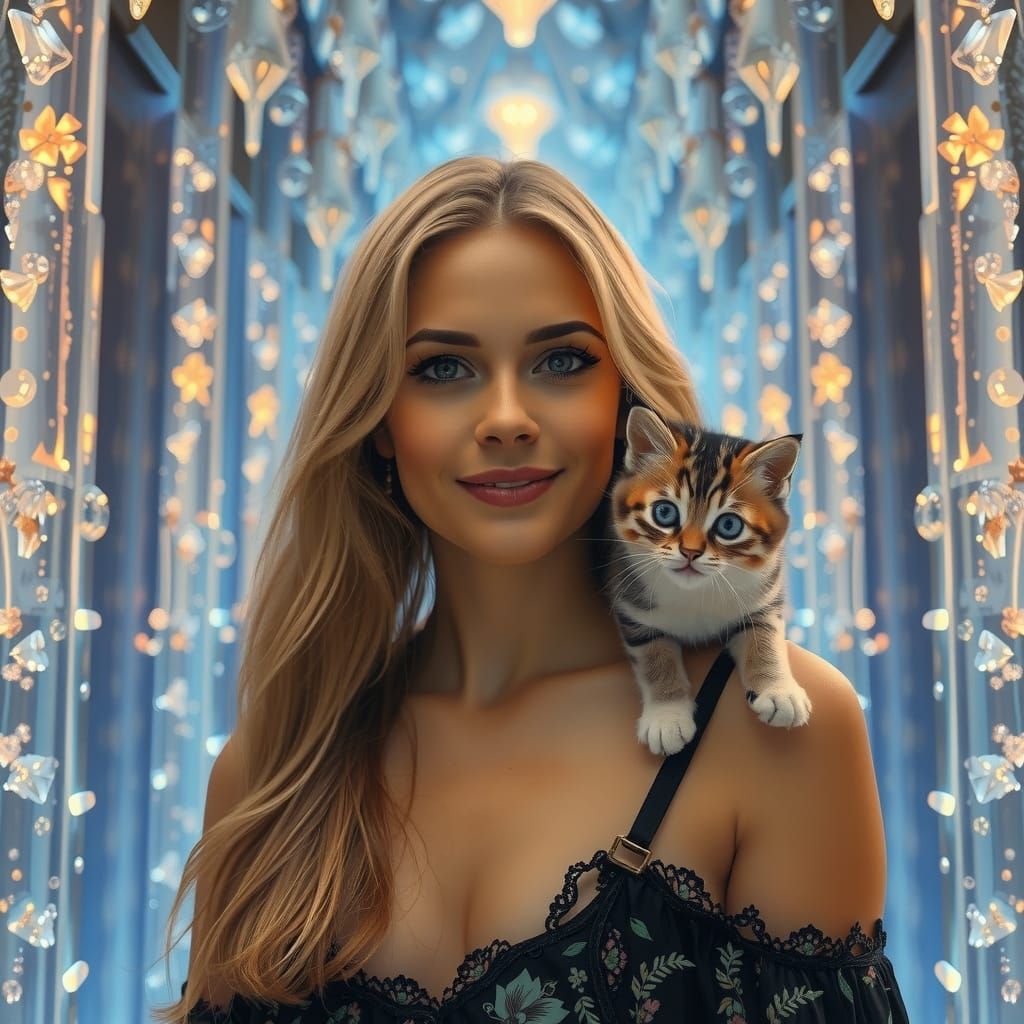 Woman with Cat in Crystalline Art Nouveau Hall