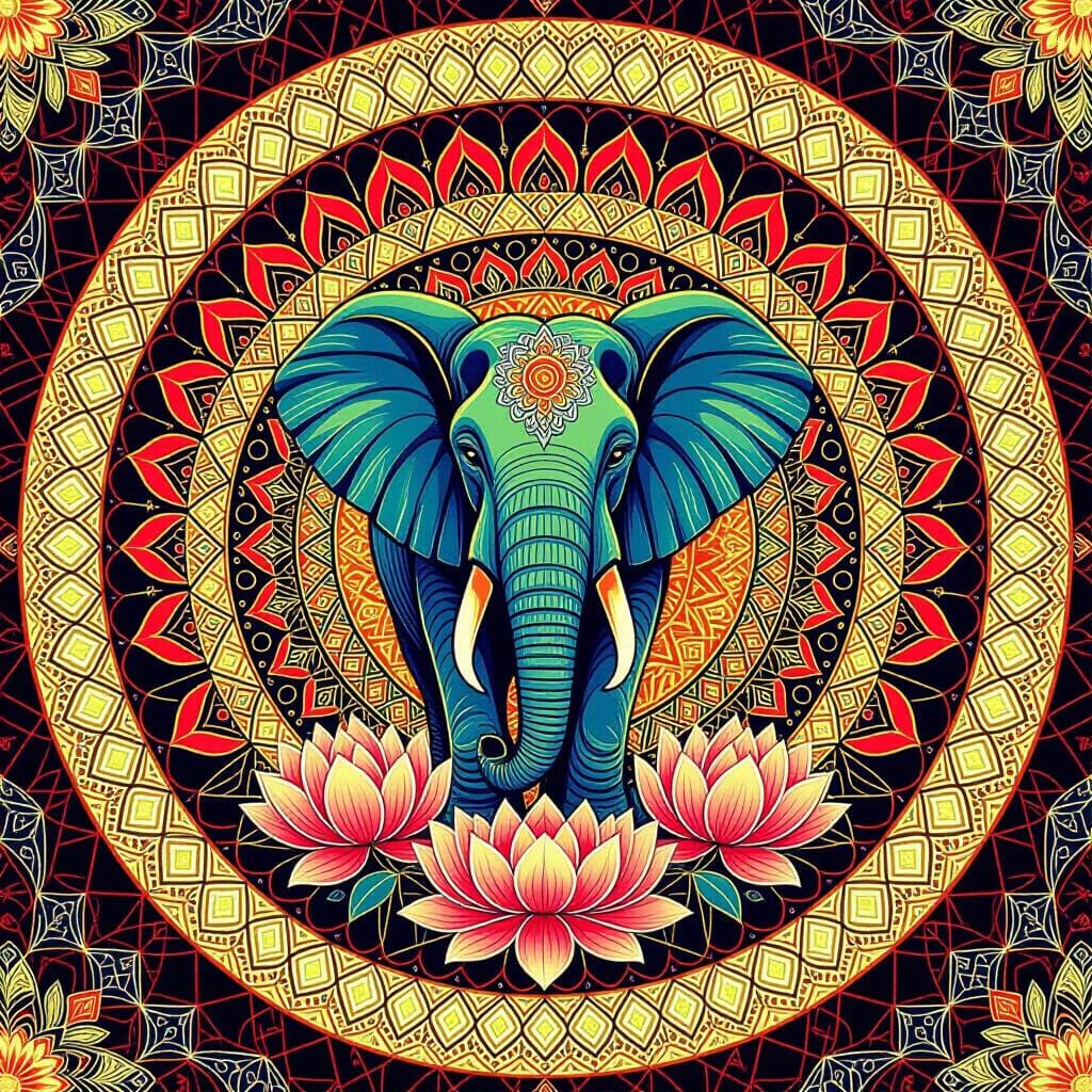 Vibrant Elephant Mandala with Lotus Flowers