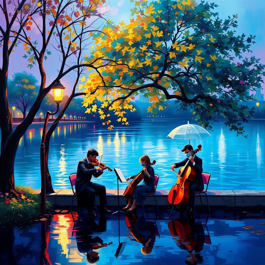 String Trio Performing Lakeside: An Impasto Painting