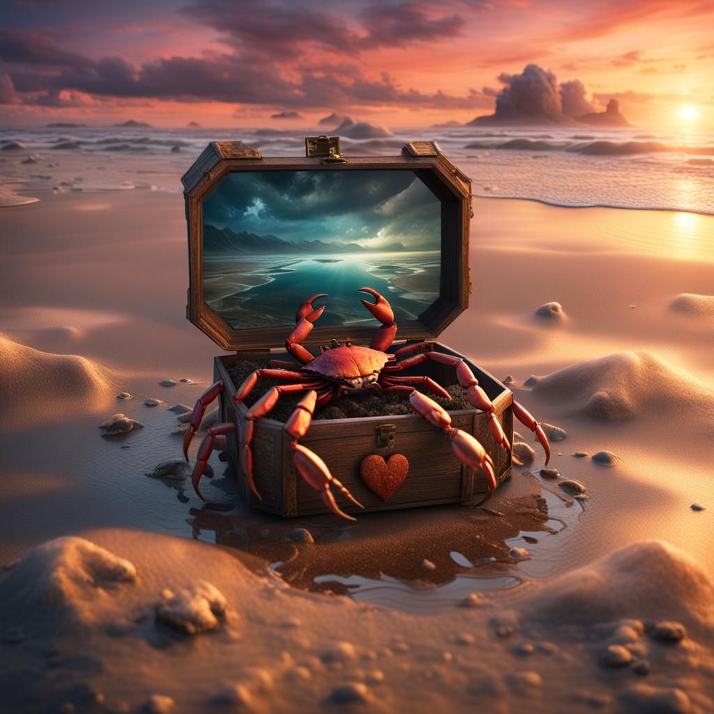Heart Box and Crab on Beach at Sunset