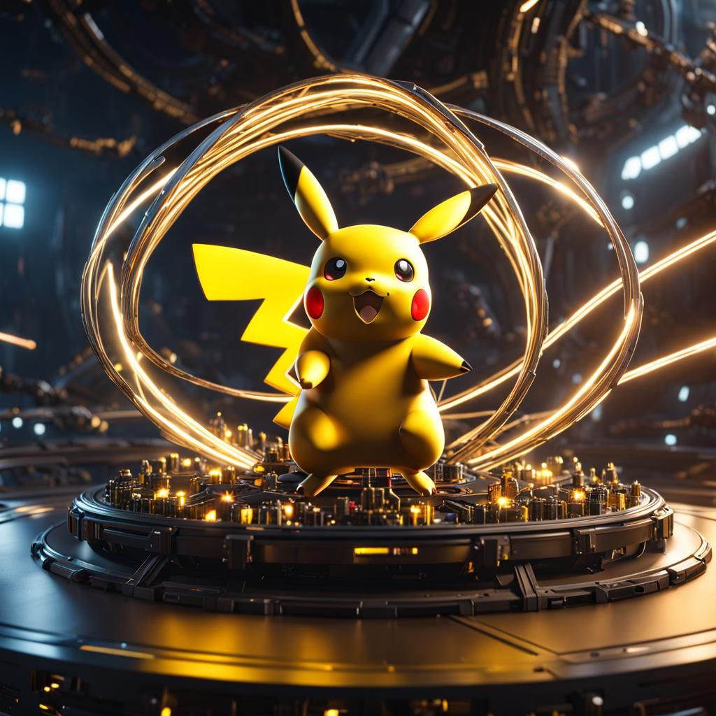 Mechanical Pikachu with Swirling Electricity in Sci-Fi Style