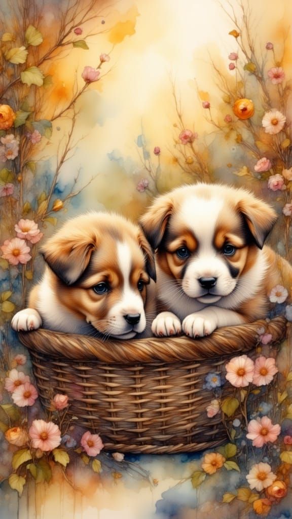 Cute Vintage-Style Puppies in a Cozy Basket, Painted in Warm...