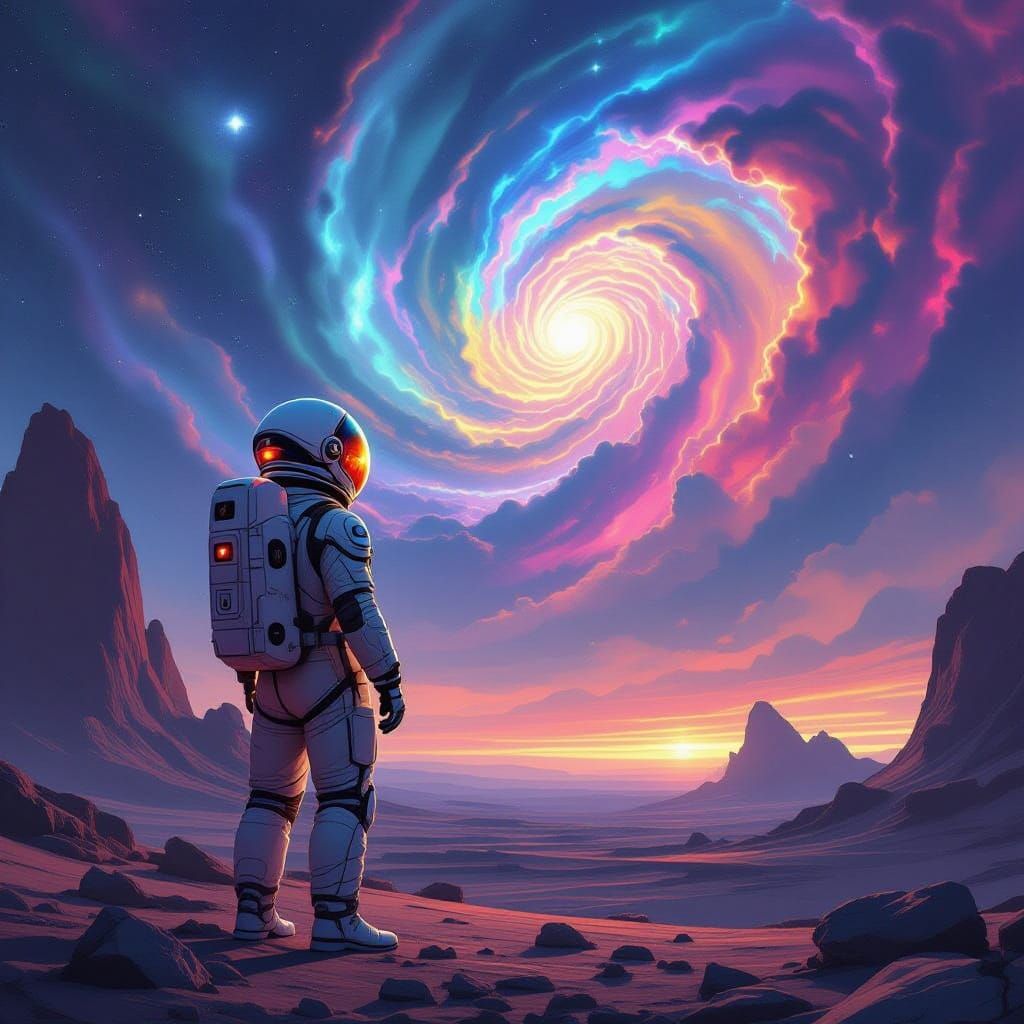 Astronaut Stands Alone on Alien Planet Gazing at Swirling Ne...