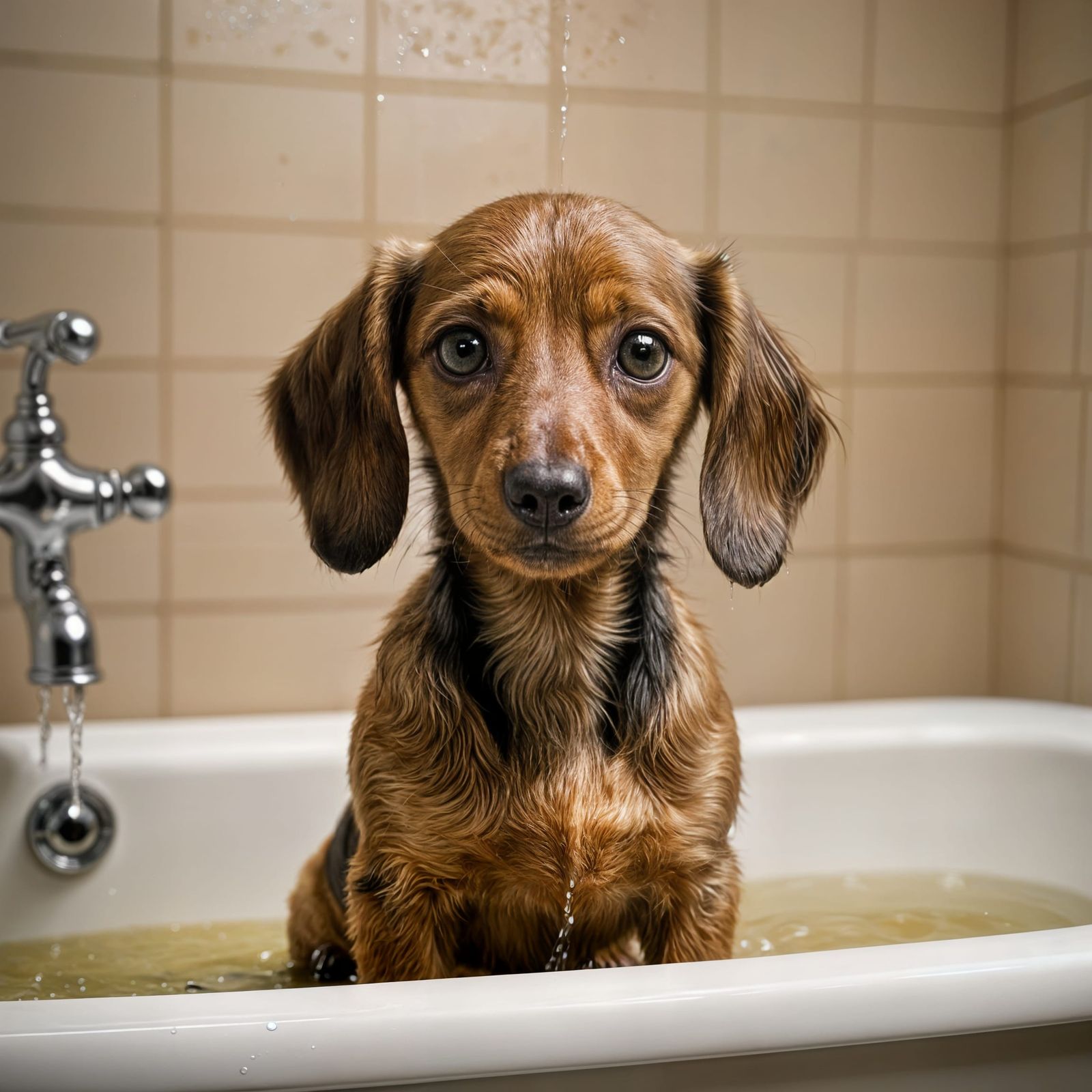 Melancholic Dachshund Puppy in Bathtub: Hyperrealistic Splas...