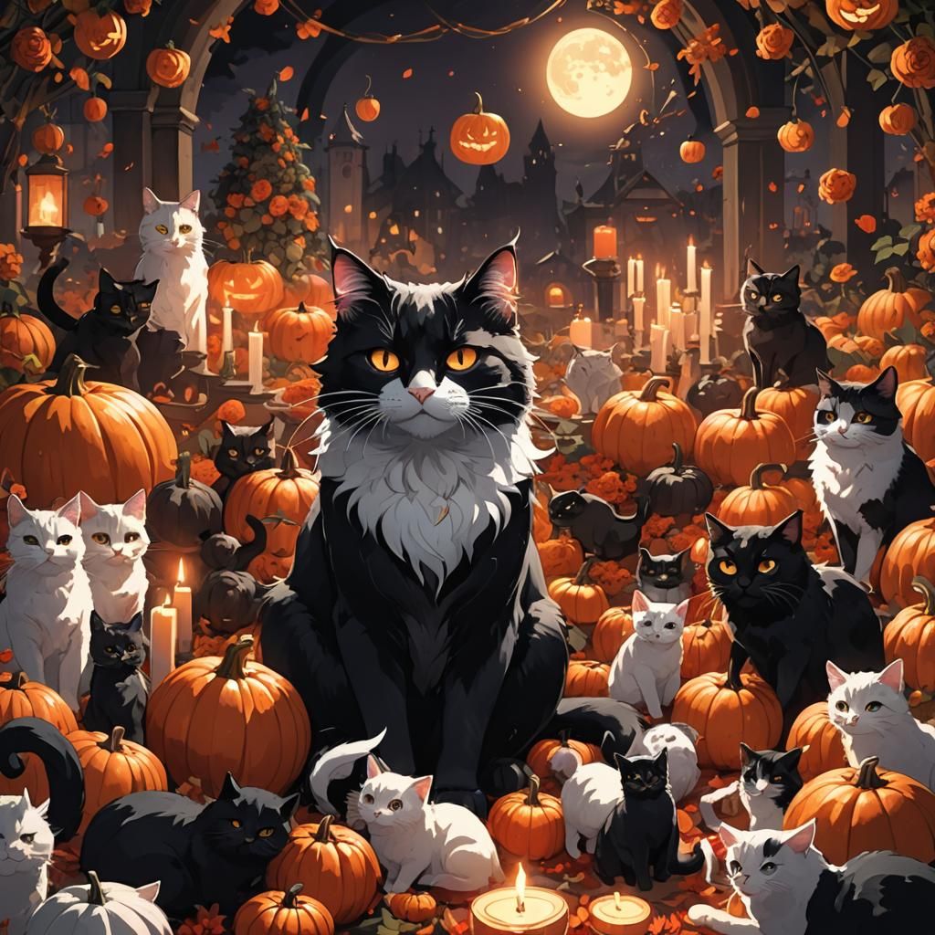 Lucifer Surrounded by Cats in Anime Style