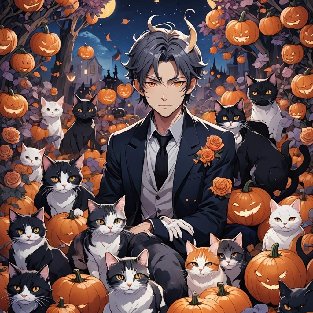 Anime Lucifer Surrounded by Pumpkins and Roses