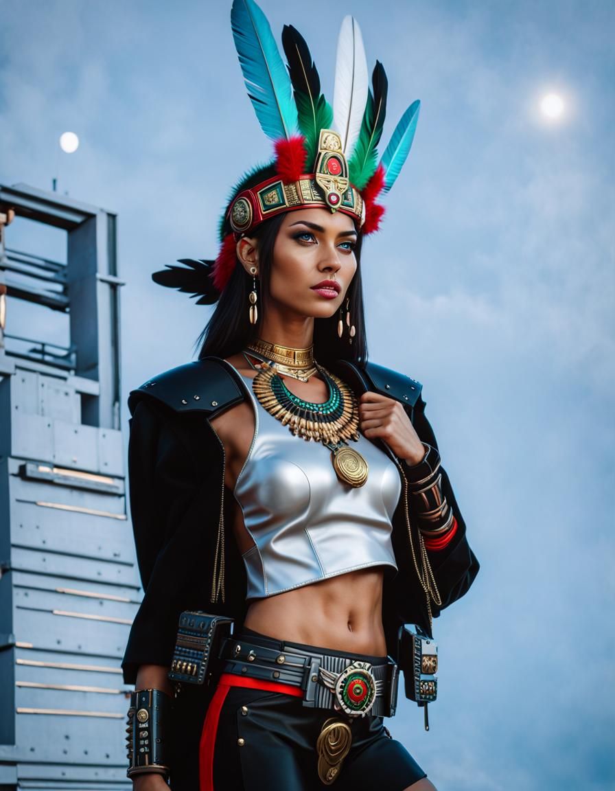 Aztec Goddess in Cyberpunk Armor: Hyperrealistic 3D Renderin...