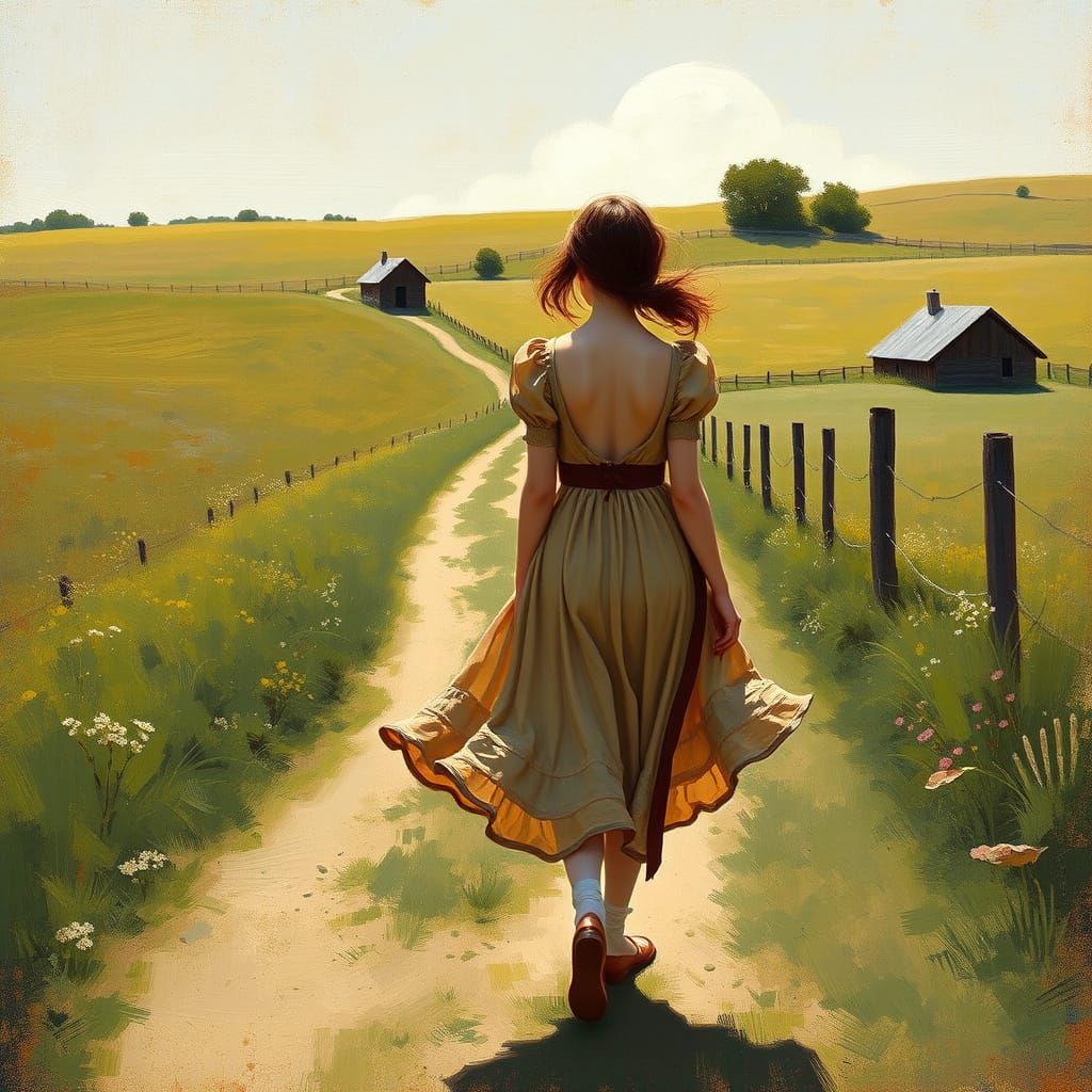 Nostalgic Countryside Woman in Impressionist Style