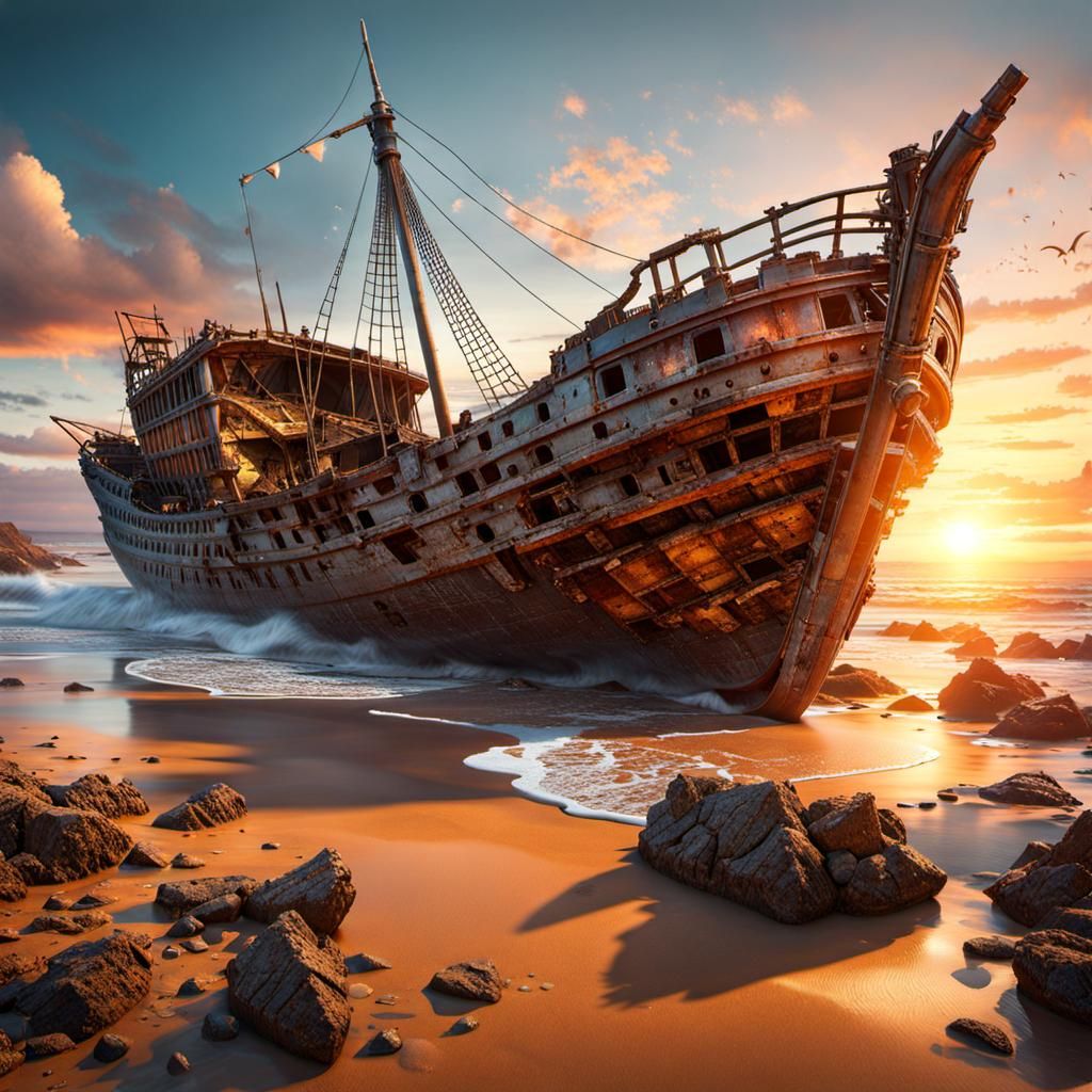 Ancient Wrecked Ship Washed Ashore: Fantasy Art