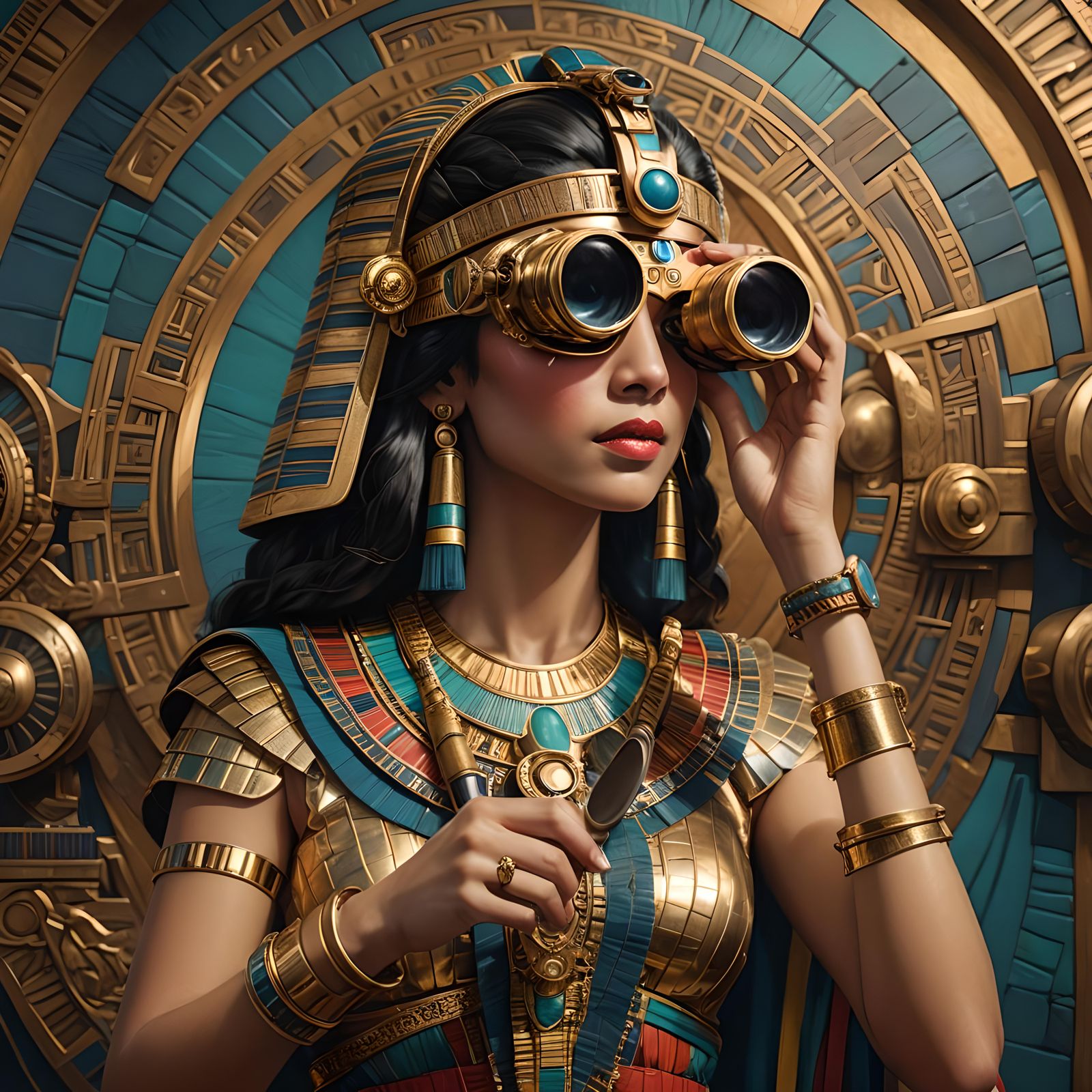 Cleopatra with Binoculars in Hyperrealistic Style