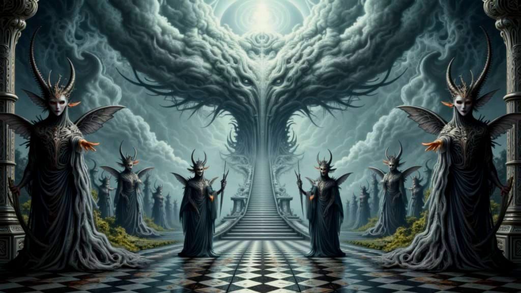 Baroque Beings in Victorian Labyrinth Under Moonlit Fog