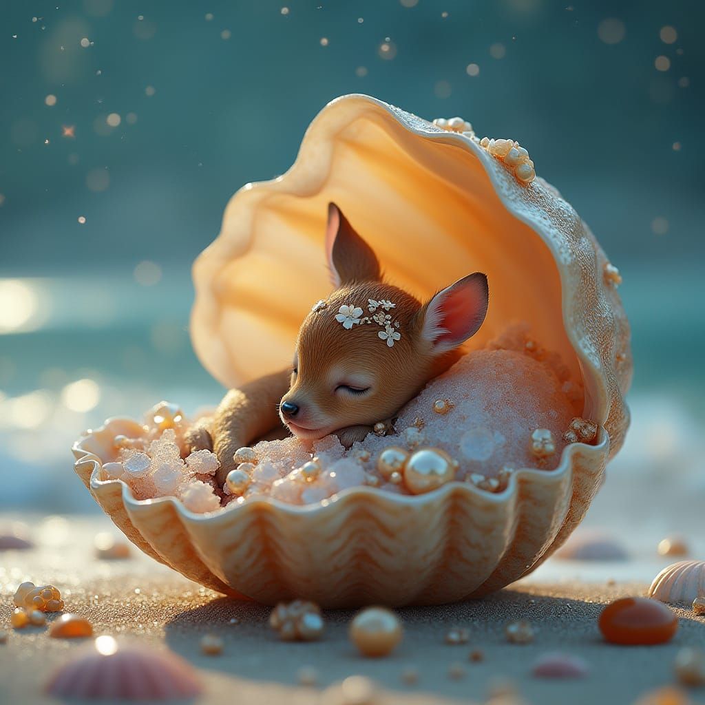 Tiny Fawn in Iridescent Shell, Surrounded by Pearls and Crys...