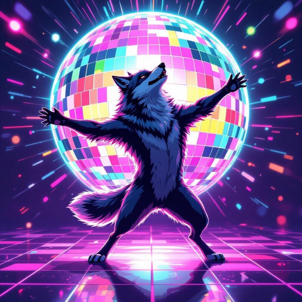 Synthwave Wolf Dances Under Disco Ball