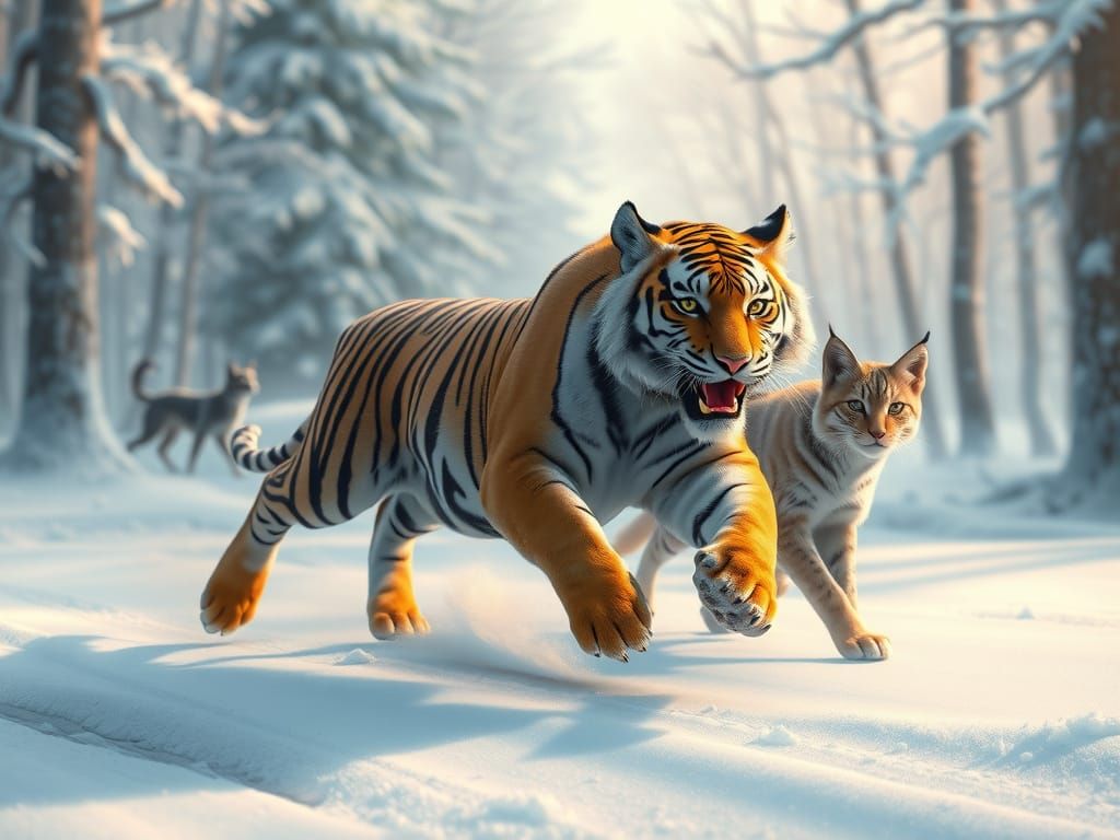 Tiger and Lynx Running in Snowy Forest: 3D Anime