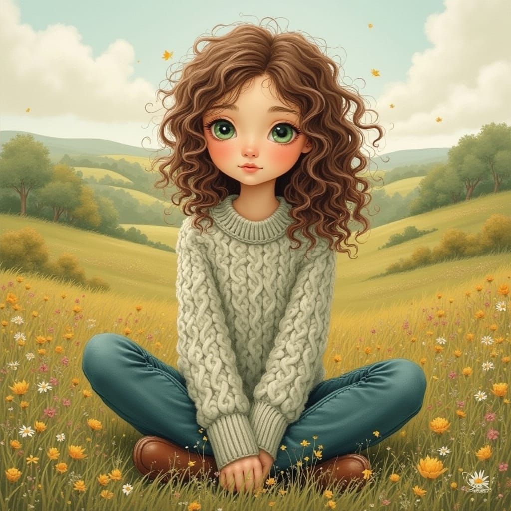 Whimsical Irish Countryside Scene in Folk Art Style