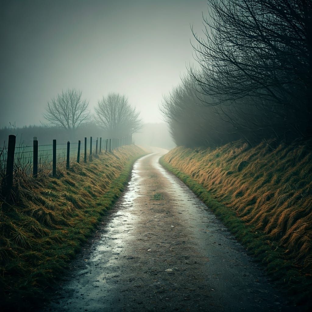 Eerie Path Through Misty Dystopian Landscape