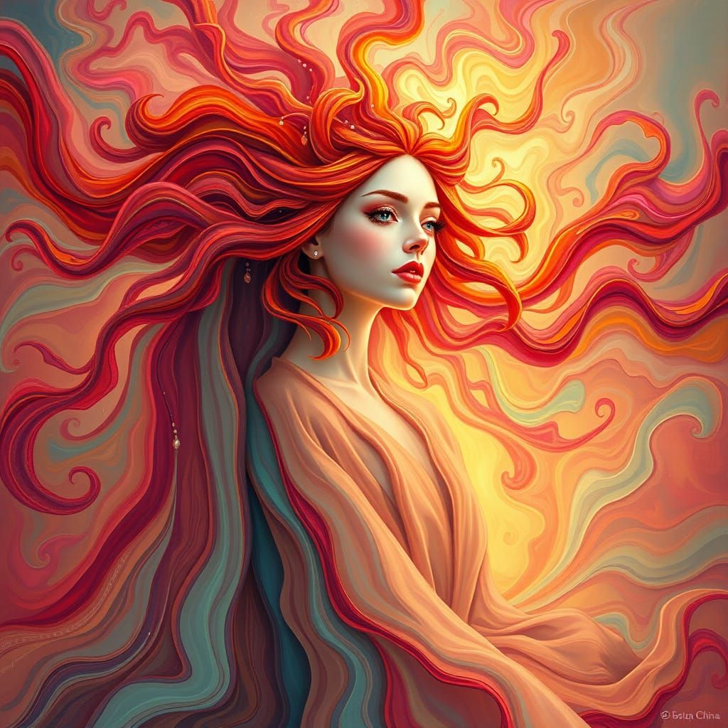 Red-Haired Goddess in Dreamlike Primitive Style
