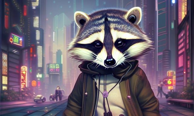rocky raccoon in the cyberpunk city
