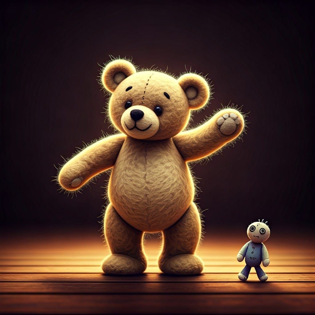 Cute Teddy Bear and Ragdoll Dance: Felted Wool Art