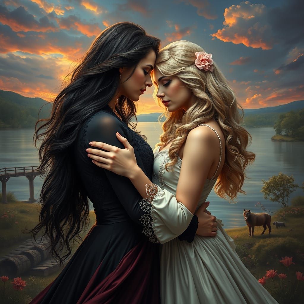 Passionate Embrace on a Lake at Sunset