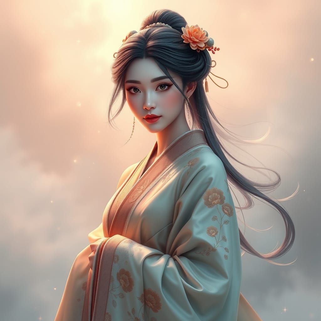 Ethereal Chinese Goddess in Feathered Attire, Shimmering wit...