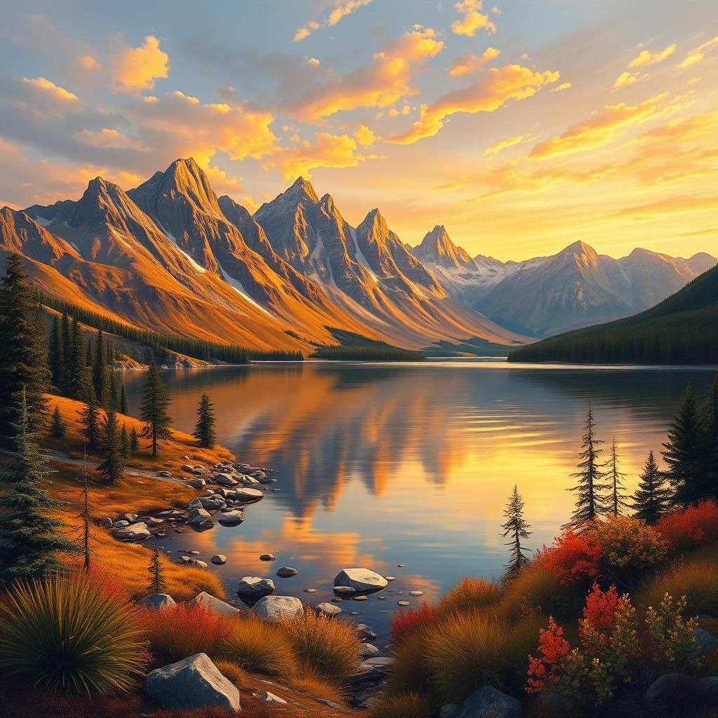 Sunrise Over Mountain Lake in Impressionist Style