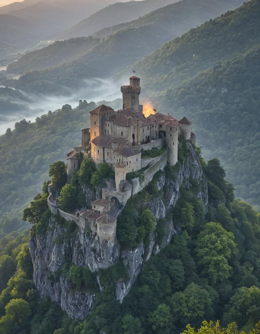 Puilaurens castle near Carvassone, France at misty dawn.