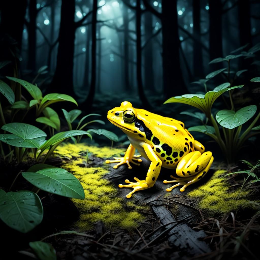 Glowing Yellow Frog in Dark Forest