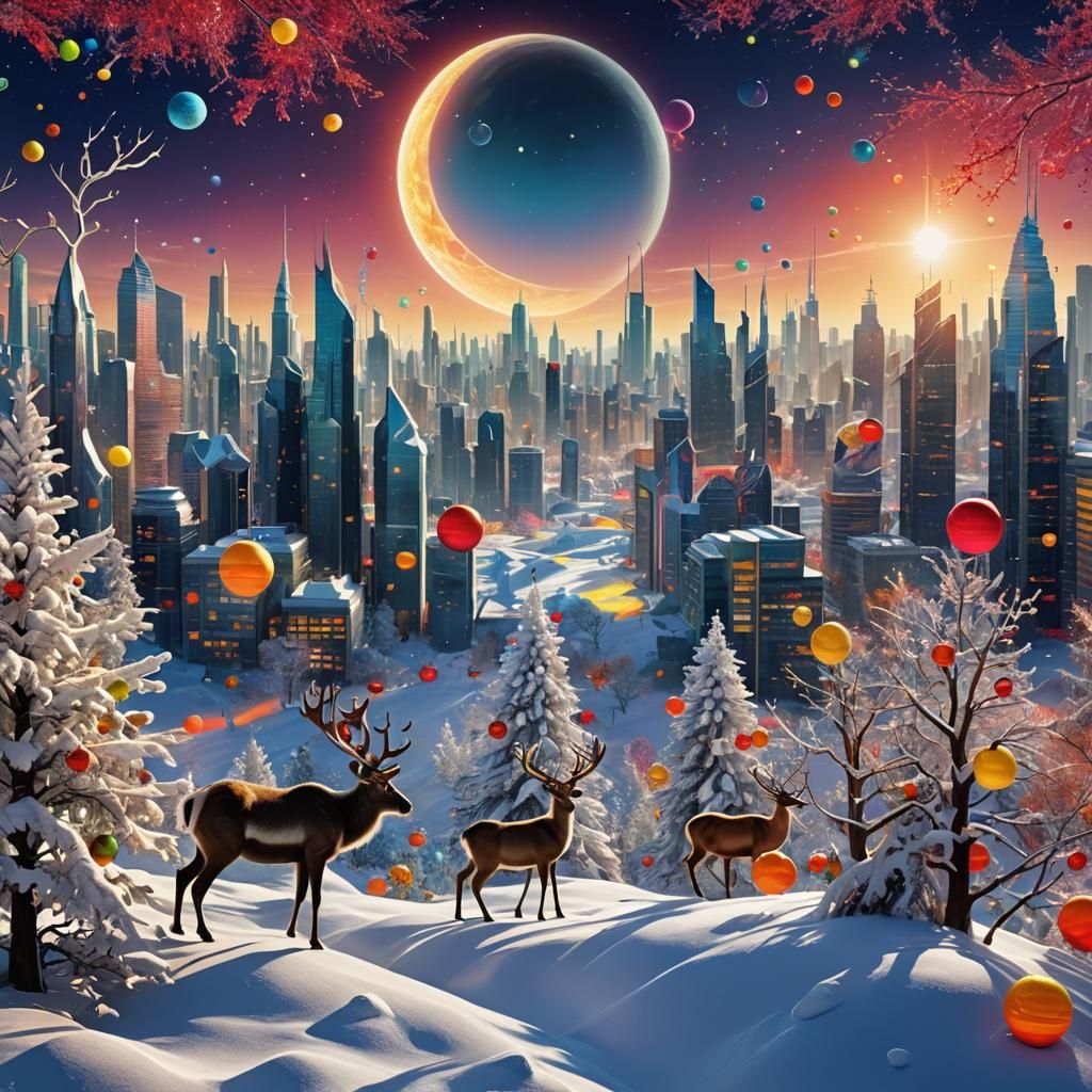 Cosmic Christmas with Skyscrapers in Anime Style