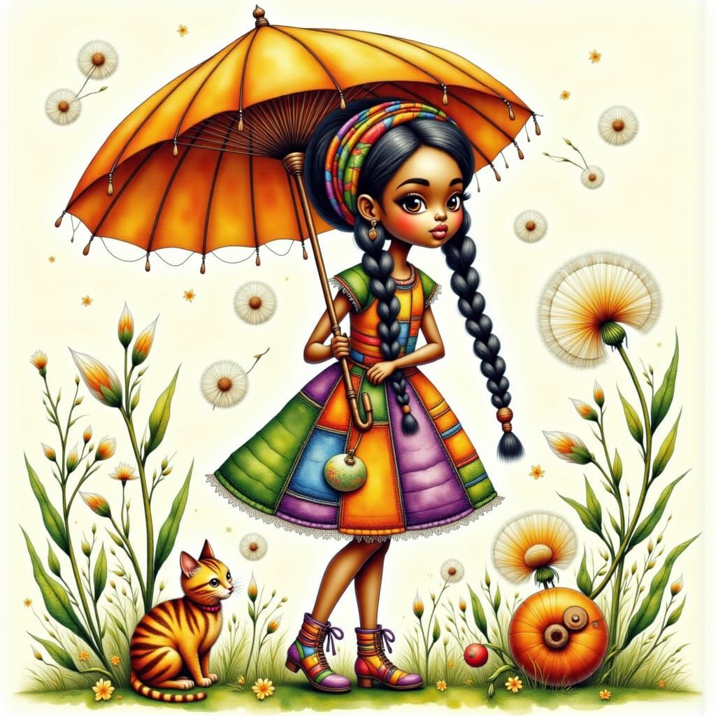 Girl, Cat, and Dandelion Umbrella: Watercolor Style