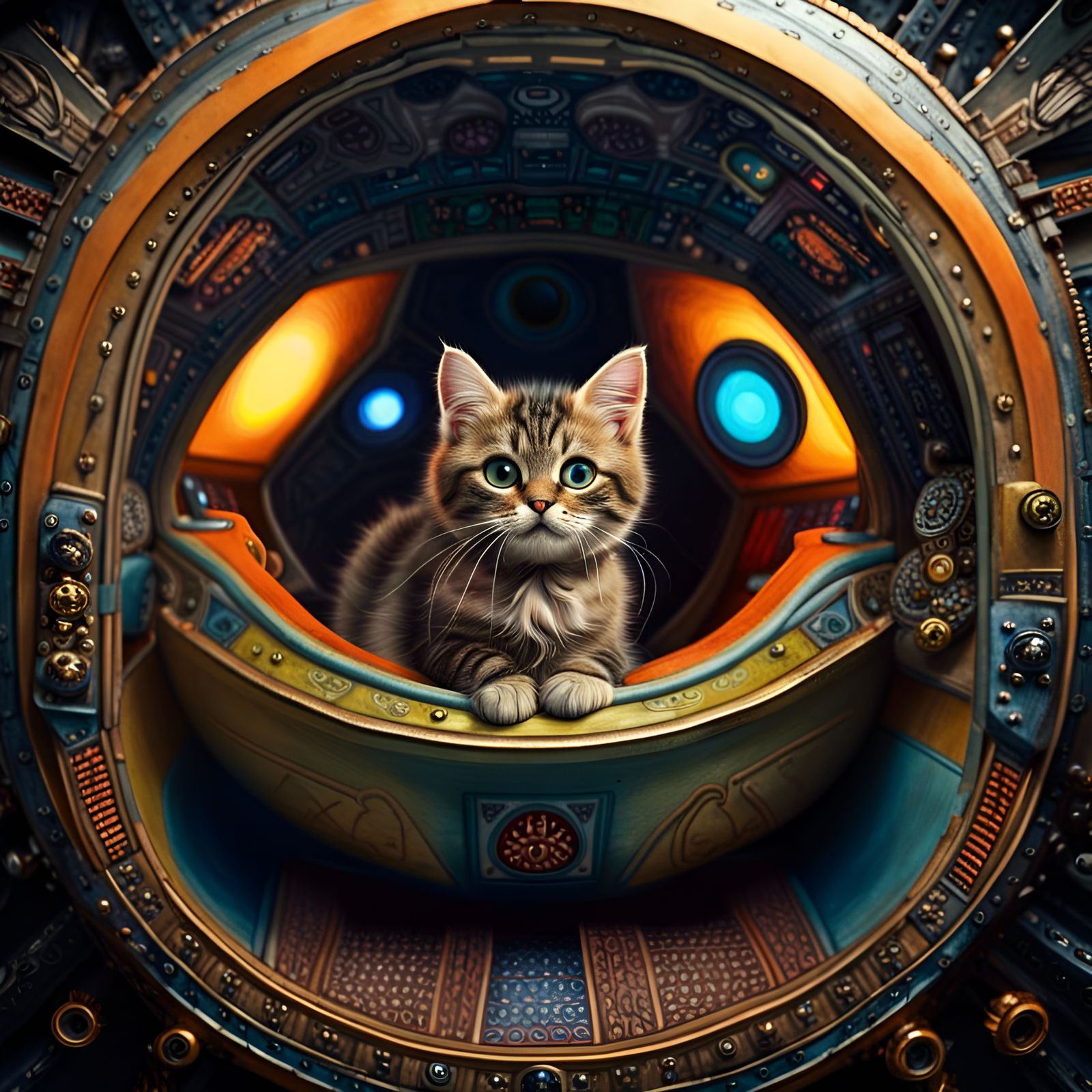 Cat in Spaceship: Hyperrealistic, Detailed Illustration