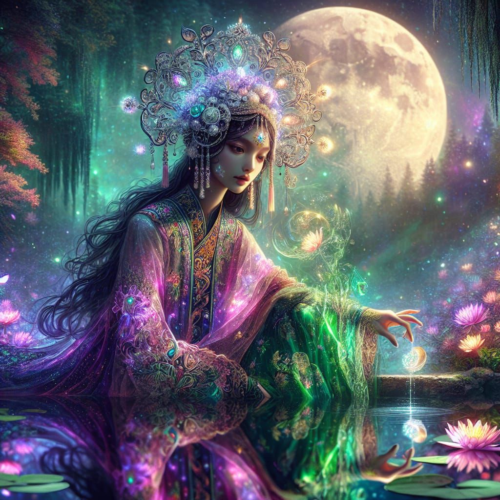 Moon goddess touch the reflexion of herself in the water.