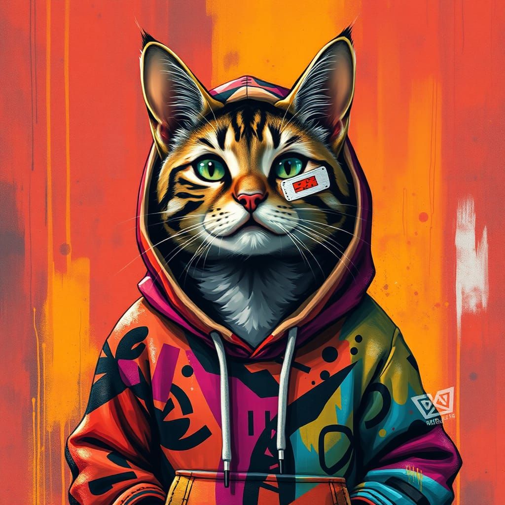 Cat in Hoodie, Graffiti Art Style