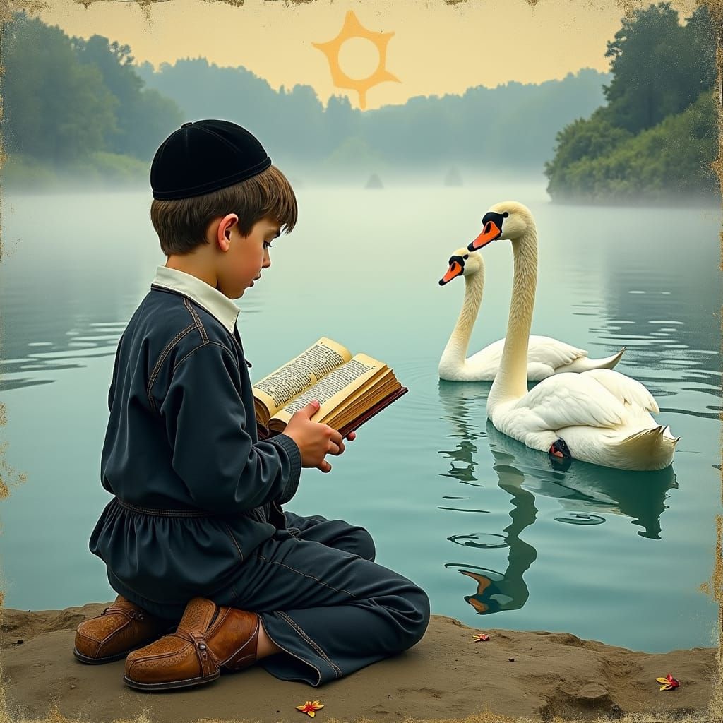 Boy Praying by Misty Lake in Chagall Style