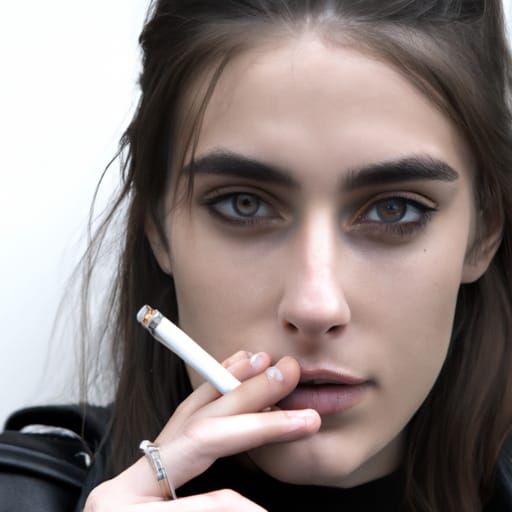 Young Woman in Leather Jacket Smoking