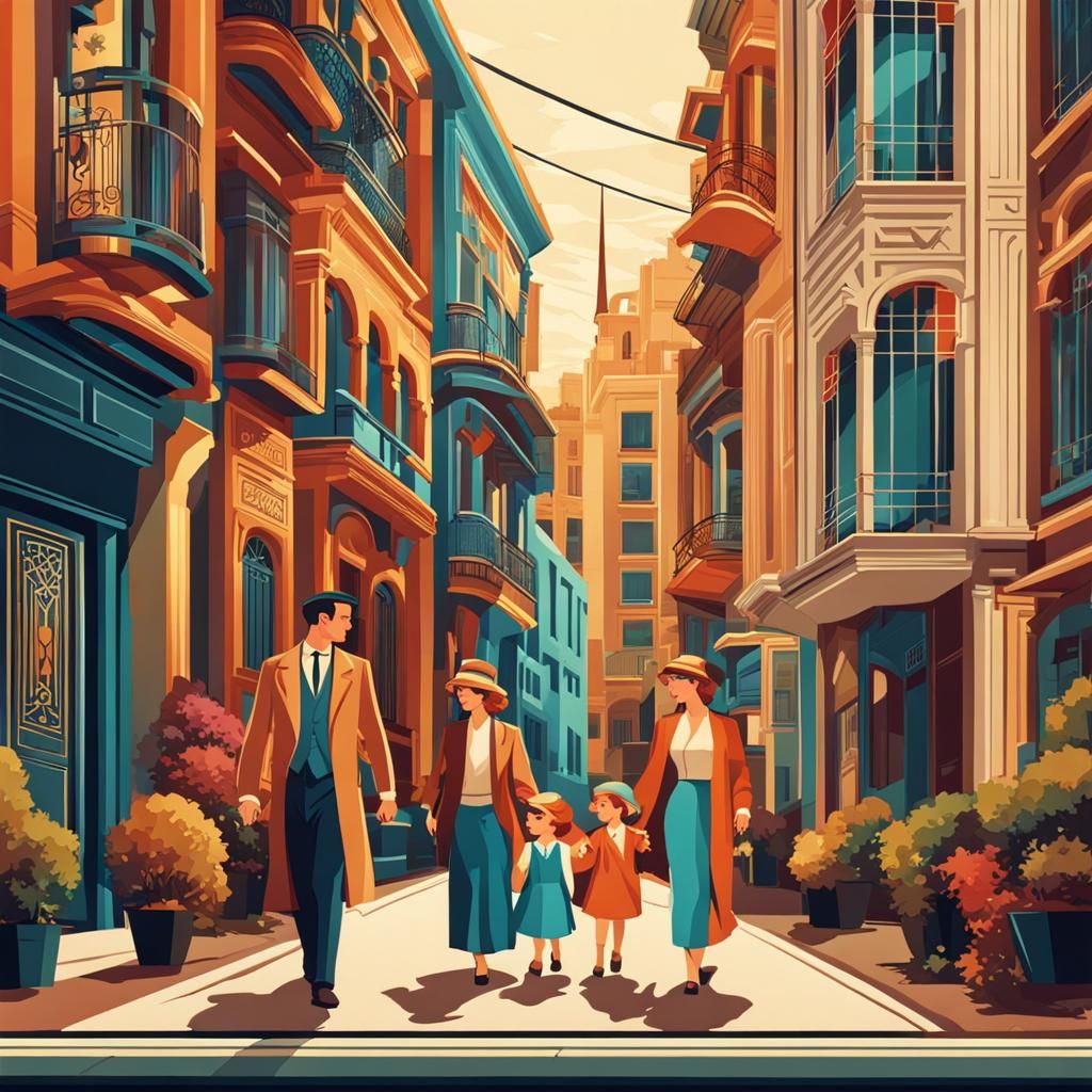 Art Deco Family Stroll on a Colorful Street