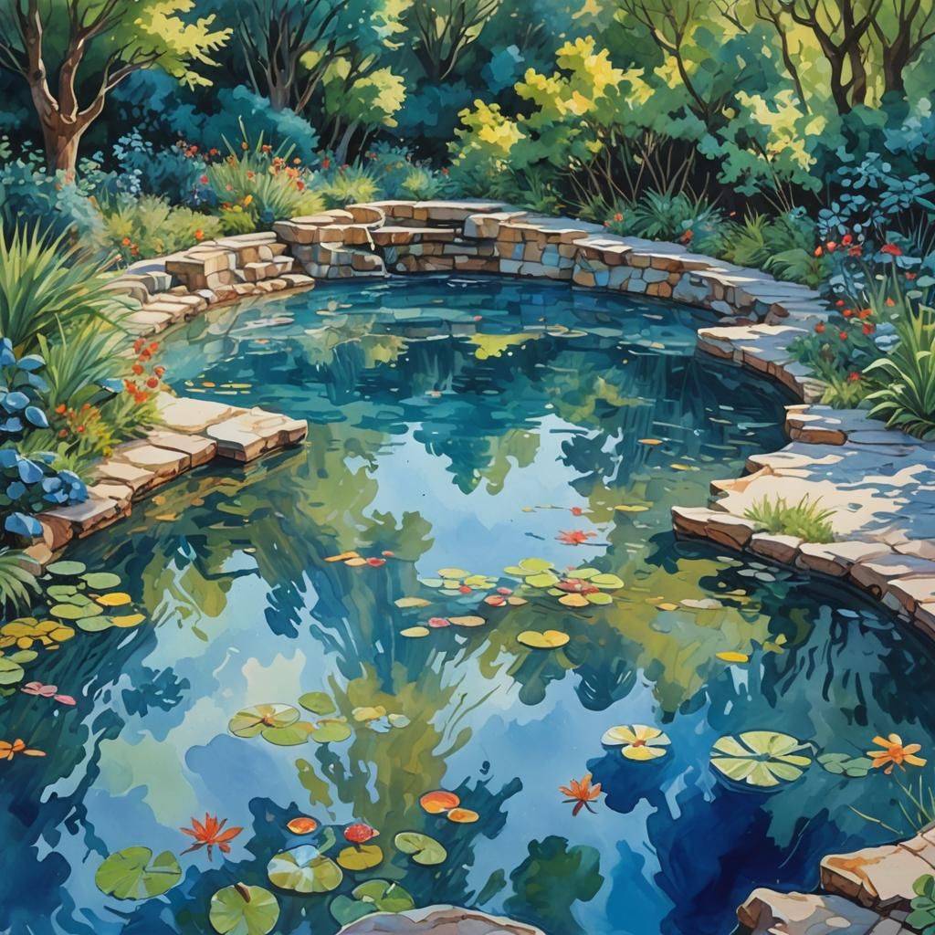 Blue Pool in Gouache Style Impressionist Painting