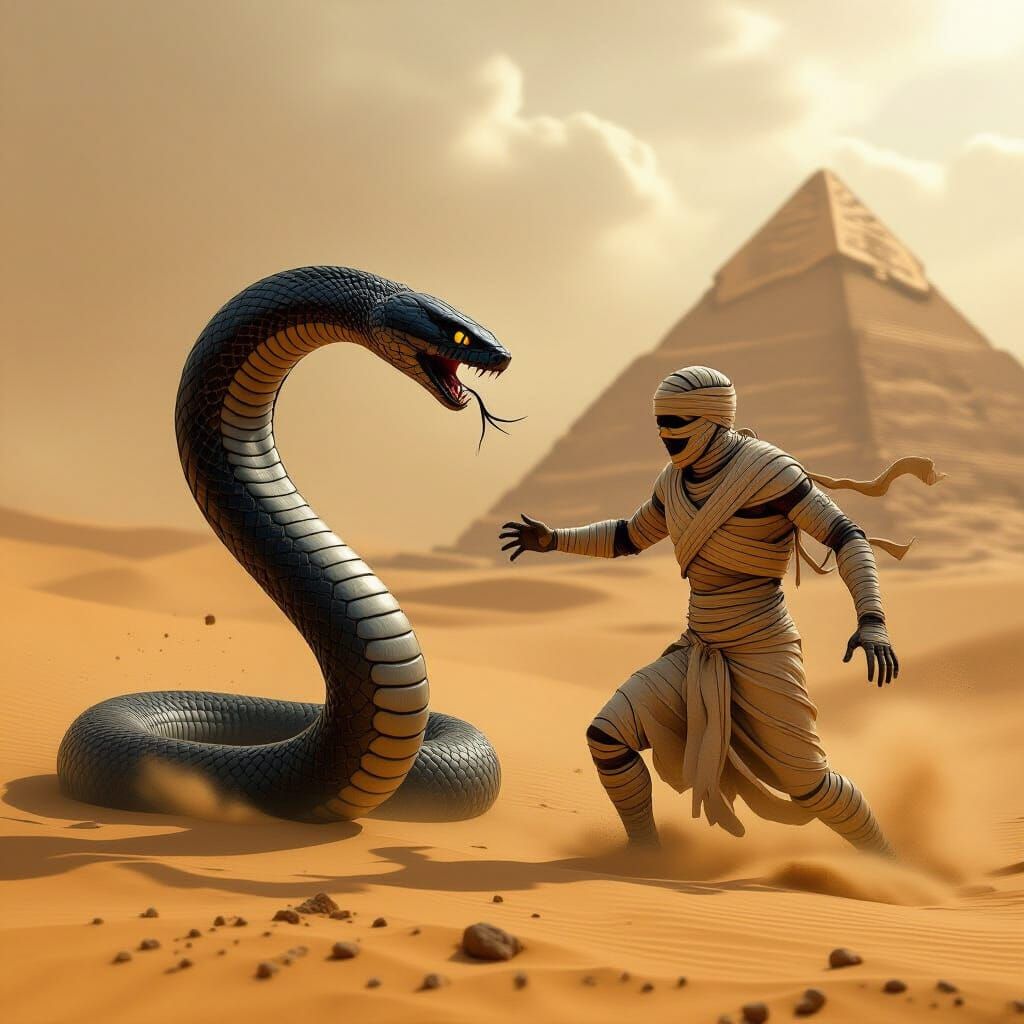 Cobra Attacks Mummy in Desert Storm, Dramatic Lighting