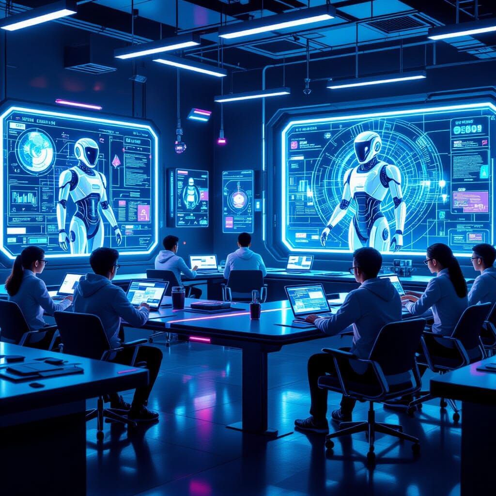 Futuristic Classroom: Neon and Holograms in Cyberpunk Style