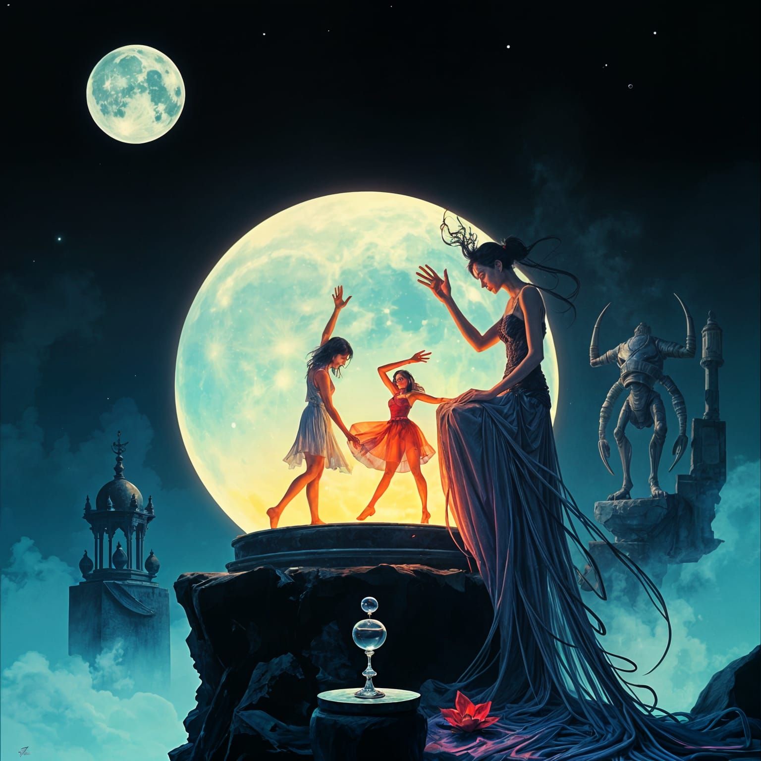 Moonlit Diviner with Crystal Ball in Abstract Realism