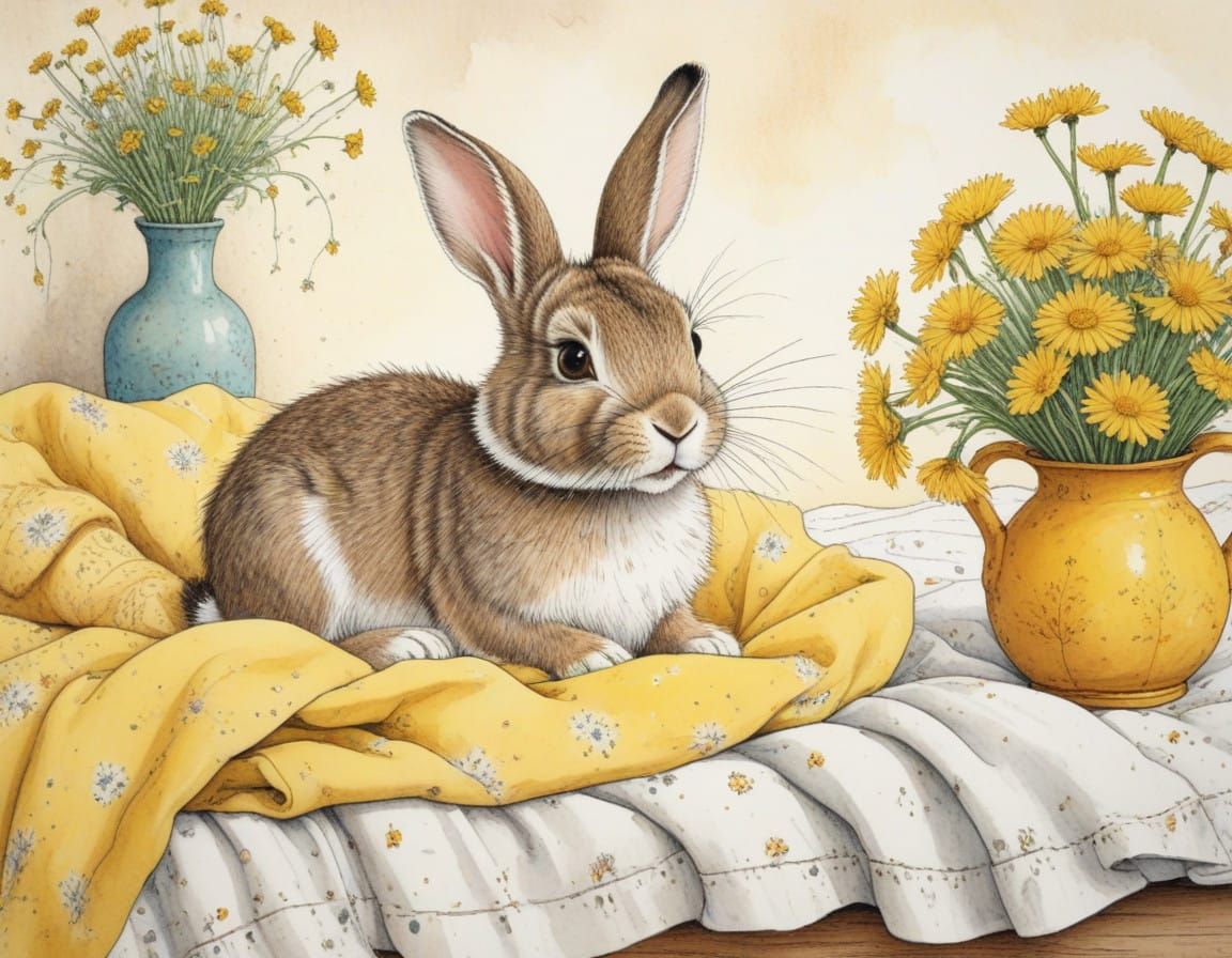 Cozy Cartoon Rabbit in Bed with Yellow Dandelions