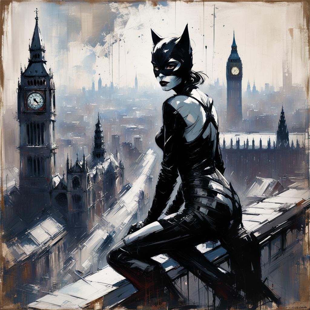 Catwoman in Brutalist London: Distressed Poster Art