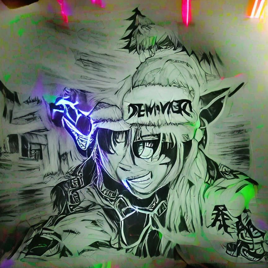 Anime demonslayer Christmas 8k ink drawing glowing neon HDR