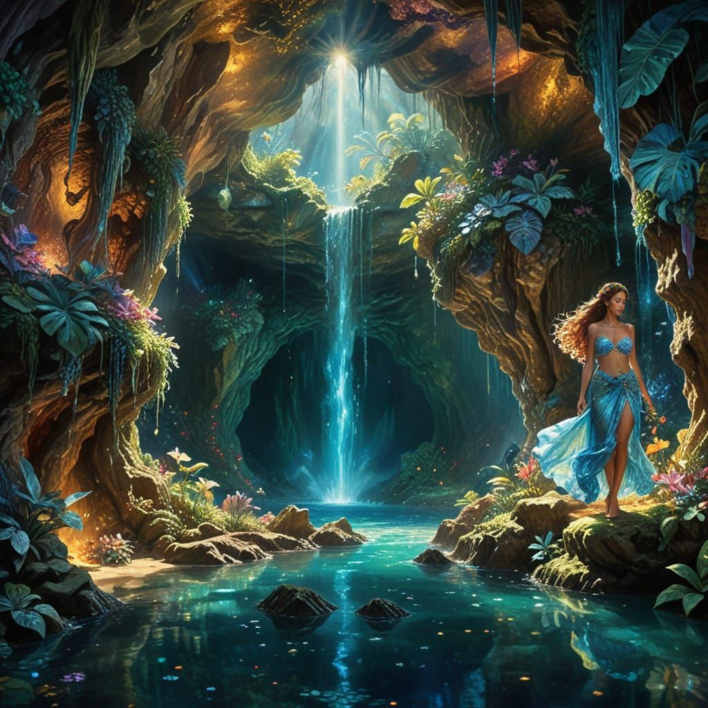 Hawaiian Hula Dancer in Grotto, Maximalist Watercolor Style