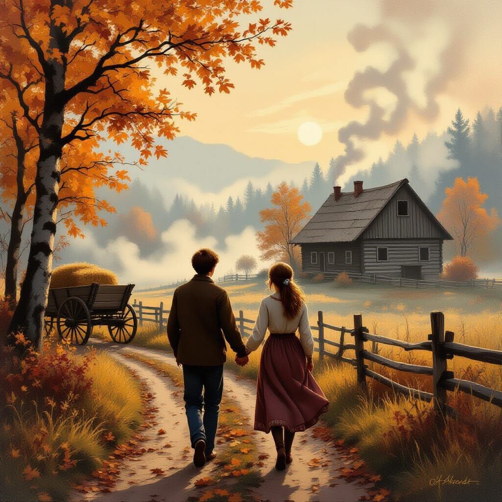 Autumnal Nostalgia: Teen Couple in Oil Painting Style