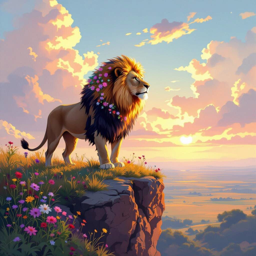 Lion with Wildflower Mane on Savannah Cliff as Digital Art