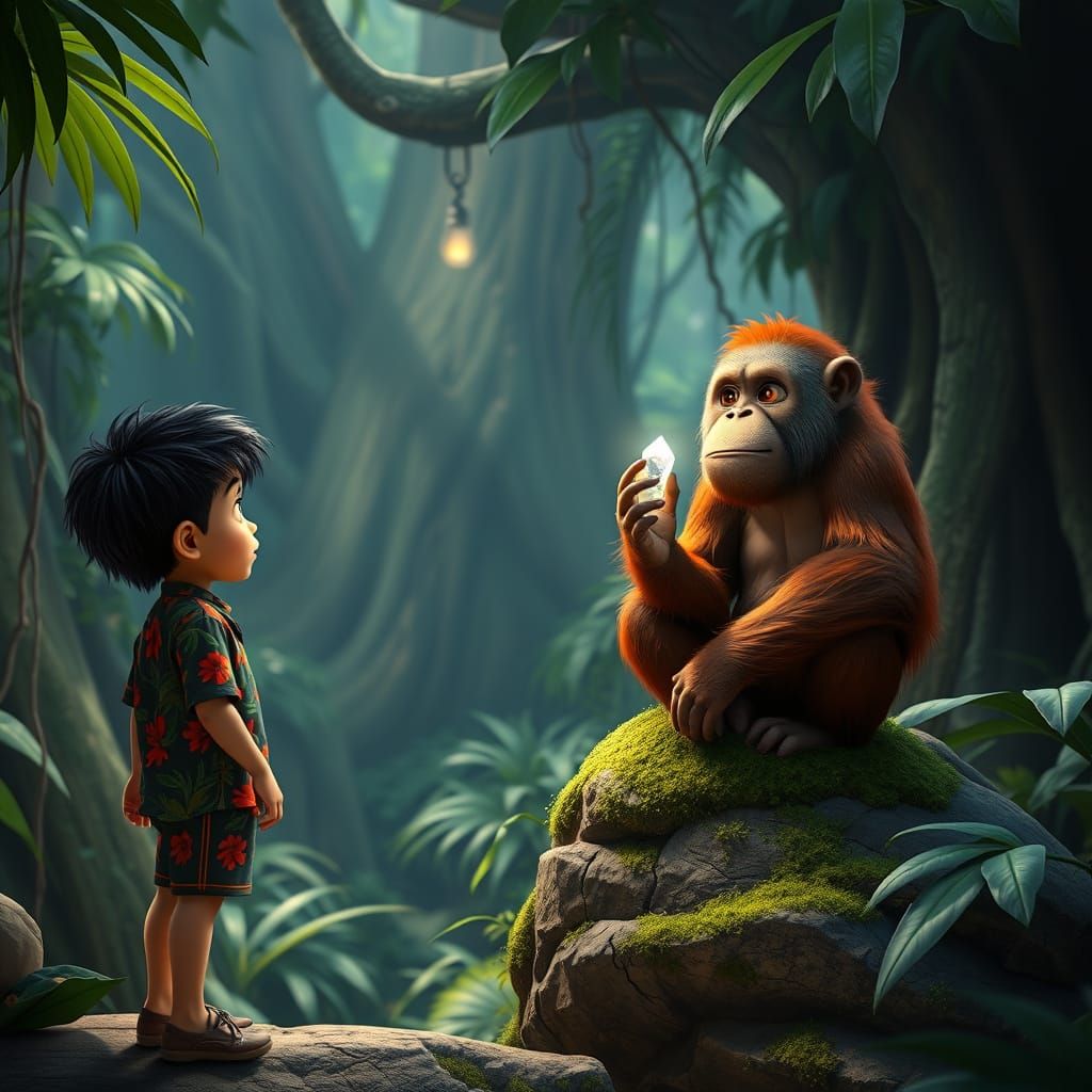 Boy and Orangutan in Magical Jungle Clearing